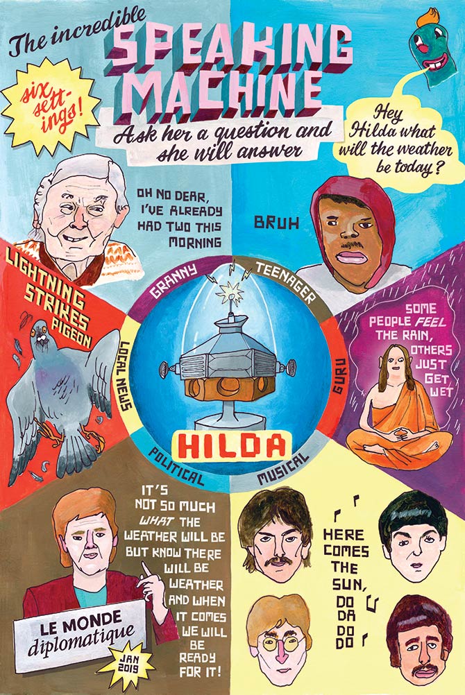 Alexa, Hilda, voice-activated technology, speaking machine, Le Monde Diplomatique, Beetles Here-comes-the-sun, guru, spiritual, teenager, granny, illustration, illustrator, London